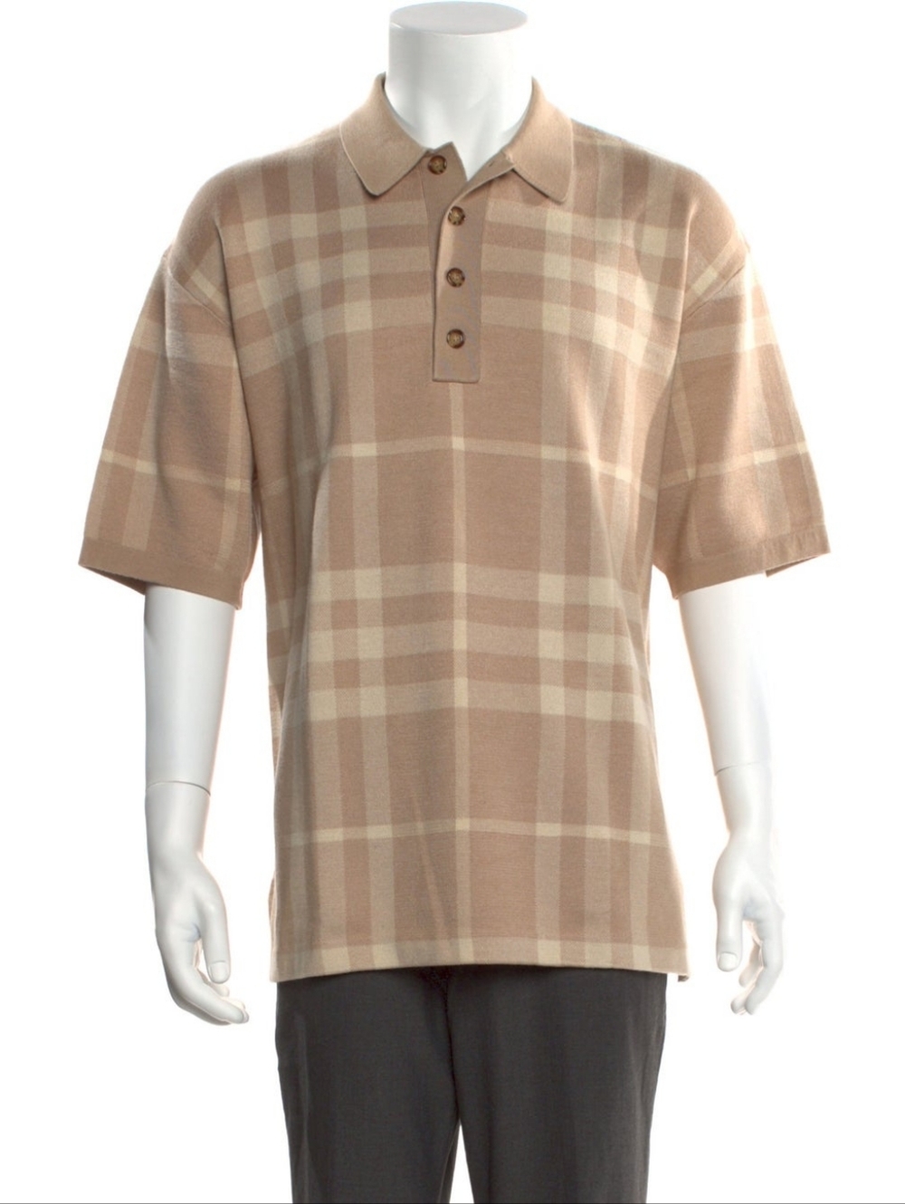 Burberry Tan and Cream Plaid Short-Sleeve Polo